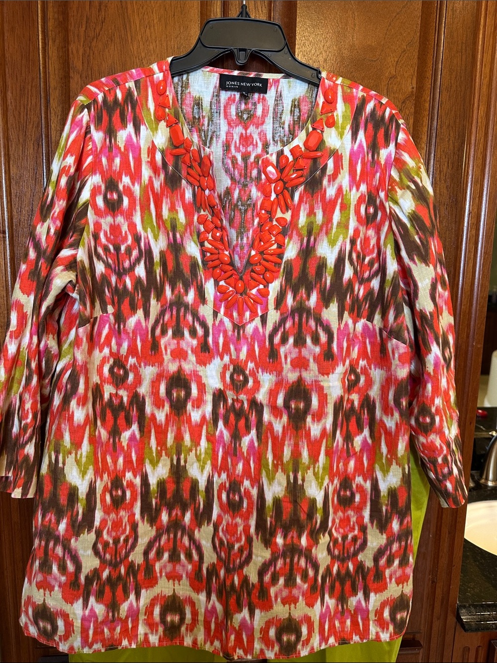 Jones New York Coral Pink Olive Ikat Beaded V-Neck Tunic